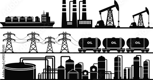 Oil and gas industry vector illustration, refinery plant pipelines power lines tanker ship and pump jacks silhouette set for energy production infrastructure design