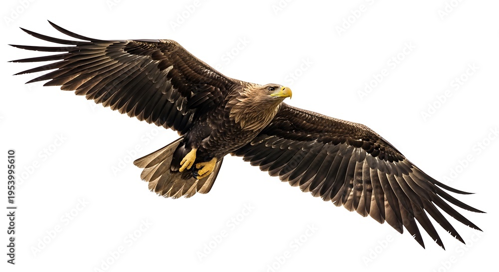 Fototapeta premium Brown eagle flying with outstretched wings on white background bird