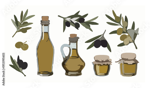 Olive oil vector set with bottles olives and branches isolated on white background