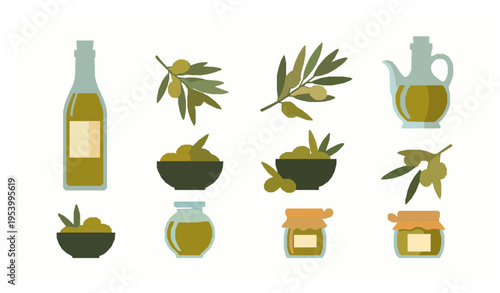 Olive oil product vector set with branches bottles and olives isolated on white background
