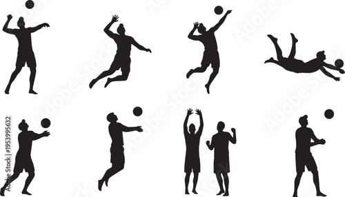 Collection of silhouette illustrations of people playing volleyball in various dynamic poses