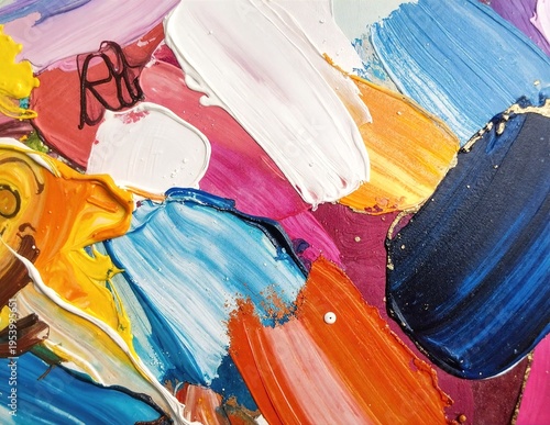 a vibrant abstract painting with many colors and geometric shapes blending and overlapping across the canvas