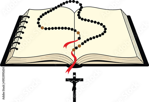 Open Holy Bible with rosary beads and crucifix, Christian religious vector illustration, spiritual faith and prayer concept, isolated on light background, detailed design style