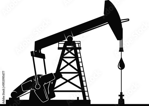 Oil pump jack vector illustration, petroleum extraction machine silhouette with drilling rig equipment for energy industry production and fossil fuel infrastructure design concept