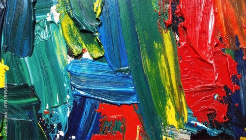 a vibrant abstract painting with layered brushstrokes, rich textures, and bold, overlapping colors creating depth and movement