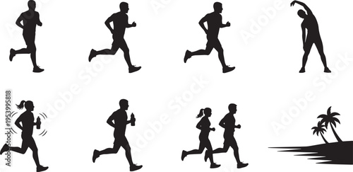 Collection of black silhouette illustrations of people running in various poses
