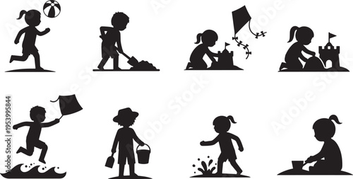 Silhouette illustrations of children playing at the beach in various fun activities