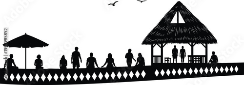 Beach resort silhouettes with people relaxing near hut and umbrella, tropical vacation scene black and white illustration isolated background