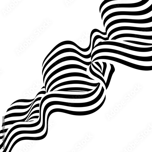 Black and white striped wavy background with volumetric space distortion effect for modern graphic art.