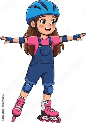Happy Young Girl Roller Skating with Safety Helmet and Knee Pads, Little Child Character Enjoying Outdoor Activity, Vector Illustration Isolated