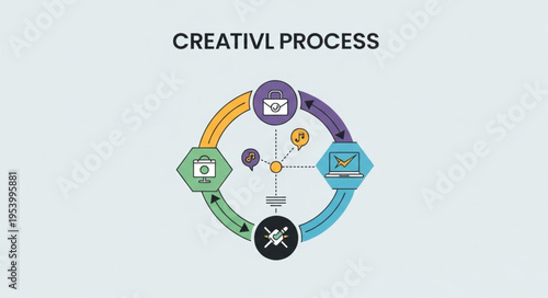 Creative Process Diagram - Circular Workflow with Icons and Color-Coded Steps.