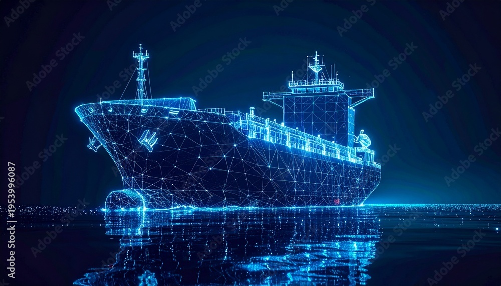 Fototapeta premium Abstract Hologram of a Cargo Ship for Modern Transportation and Global Trade Visualization in Dark Blue.