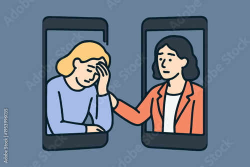 Two women appear on phone screens, one comforting the sad other, in a flat cartoon style on a blue background, concept of virtual empathy