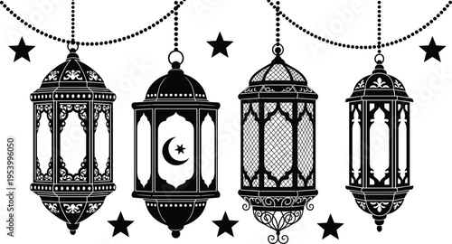 Ramadan lantern collection silhouette vector, Islamic decorative hanging lamps with stars and crescent design, Arabic festive illumination elements, black isolated illustration set