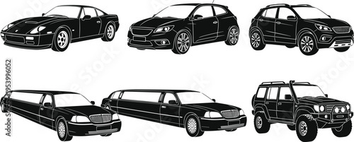 Car silhouettes collection including sedan, SUV, limousine and off road vehicles, black and white automotive illustration set isolated design