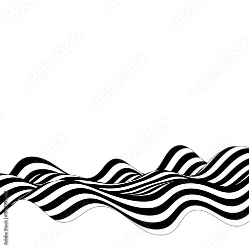 Diagonal black and white spiral ribbon with linear pattern and volumetric twisting effect on white background. Eps 10