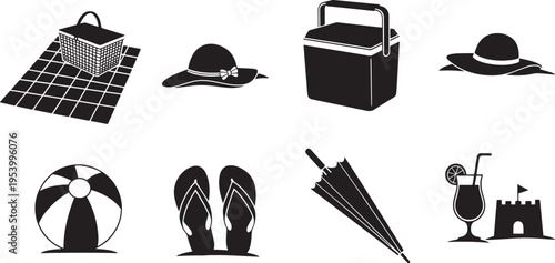 Black and white beach icons including beach ball, hat, cooler, and flip flops