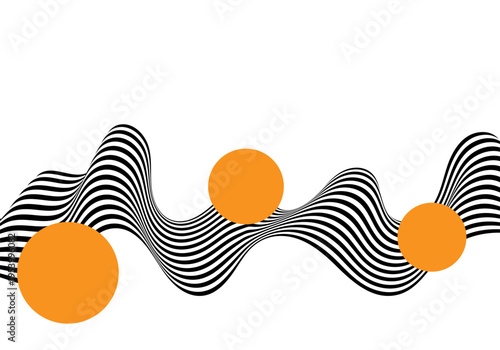 Modern abstract composition of black and white wavy lines and bright orange geometric circles on white clean background. Eps 10