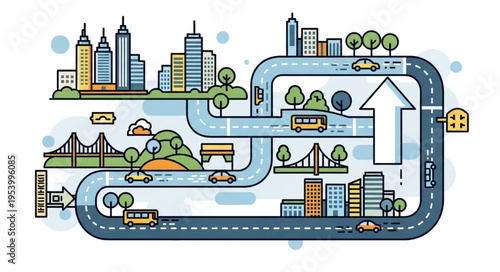 Cityscape Illustration with Roads, Bridges, and Buildings.