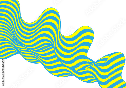 Bright blue and yellow wave of parallel lines creating a volumetric effect of dynamic motion on white background Eps 10