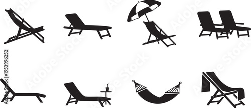 Collection of various black beach chair and hammock silhouettes