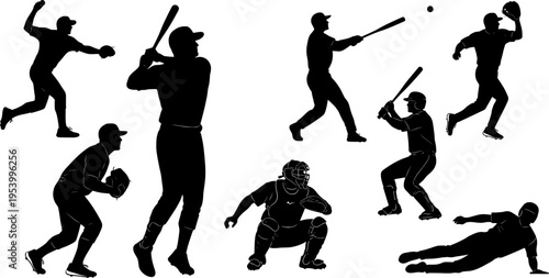 Baseball Player Silhouettes Diverse Poses Action Sports Vector Graphics