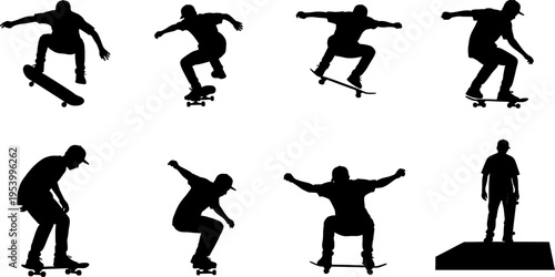 Energetic Skateboarder Silhouettes Displaying Dynamic Tricks and Active Poses
