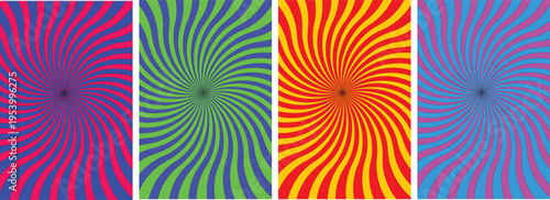 Set of 4 Colorful Swirl Hypnotic Radial Spiral Backgrounds Vector Collection for Retro Design, Marketing, and Web Assets