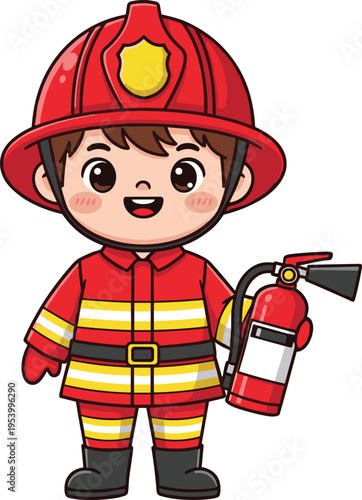 Cute cartoon boy dressed as a firefighter wearing red uniform and helmet holding a fire extinguisher for career and safety education.