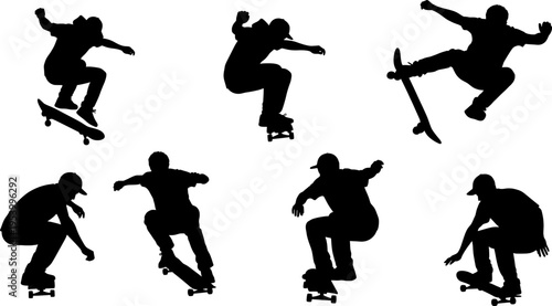 Dynamic skateboarder silhouettes performing various tricks and jumps in a sleek vector graphic style