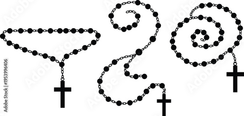 Rosary beads with cross vector set, religious necklace illustration, Christian prayer symbol collection, spiritual accessory design, black silhouette isolated on white background