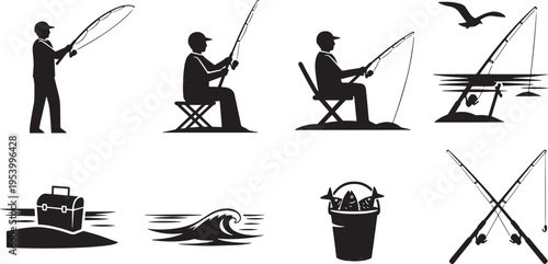 Collection of black silhouette icons depicting various fishing related scenes and objects