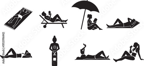 Collection of black silhouette illustrations of women enjoying summer vacation and leisure activities