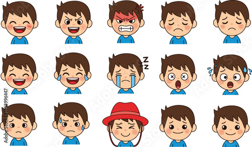 Set of Boy Character Expressions and Emotions, Happy Sad Angry Crying and Surprised Facial Poses, Vector Illustration Isolated on White Background