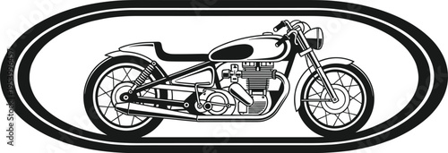 Classic cafe racer motorcycle illustration with vintage design, detailed black and white motorbike isolated within oval frame retro style concept