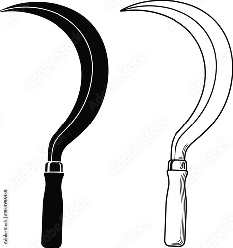 Sickle tool silhouette and outline illustration, agricultural hand tool vector design, farming equipment icon, harvest concept, isolated on light background, black and white style