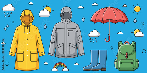 Colorful raincoat, u, sunshine, outdoor , umbrella, rain boots, backpack, jacket, rainbow, clouds, raindrops, sunshine, outdoor gear, rainy weather essentials, flat vector illustration