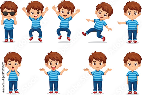 Set of cute cartoon boy characters with various poses and facial expressions including jumping, pointing, waving, and showing different emotions.