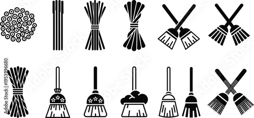 Collection of broom icons and cleaning tools set in black silhouette, household equipment symbols isolated on white background vector illustration