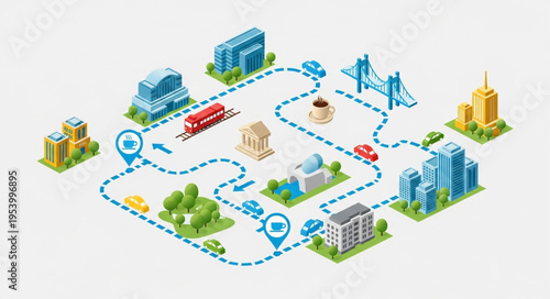 Isometric City Map with Buildings, Roads, and Landmarks for Navigation.