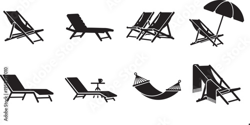 Collection of beach chairs, hammocks, and umbrellas in black silhouette