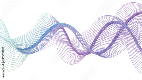 A digital art background featuring a decorative wave design with purple, blue, and green lines on a white background.
