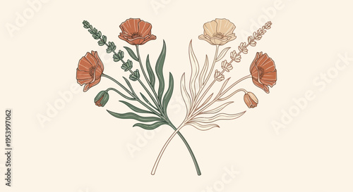 Colorful flowers and green leaves arrangement.