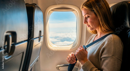Female passenger fastening seatbelt on an airplane. Woman preparing for flight departure by the window. Travel and aviation safety