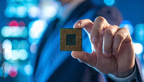 Businessman Holding Microchip Technology Innovation and Precision Conceptual Stock Photo.