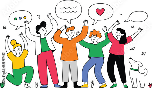 Happy diverse people celebrating together cartoon illustration, teamwork communication concept with speech bubbles, joyful group interaction modern flat design
