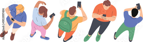 High angle view of diverse people using smartphones, group of men and women looking at mobile phones, digital technology addiction