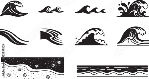Collection of various wave icons in black and white for design and decoration purposes