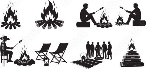 Black silhouettes of people sitting by campfires with friends and cooking on skewers