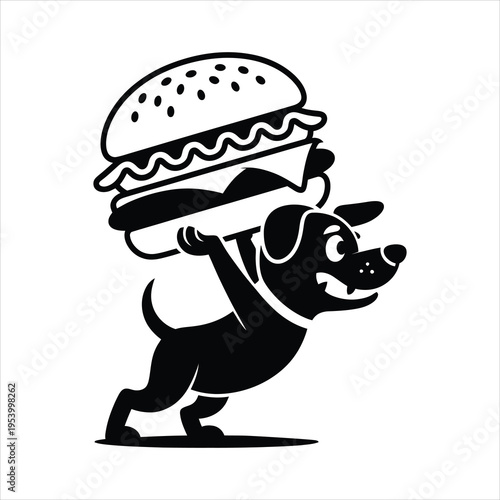 A black and white vector illustration of a cute puppy happily carrying a large delicious burger
